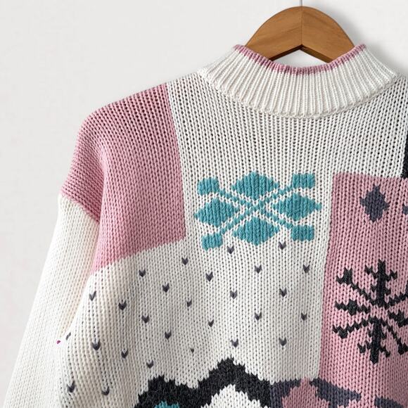 80s Apres Ski Fair Isle Sweater Mock Neck Nordic Scandi Cabincore Twee M Vintage - Picture 5 of 9